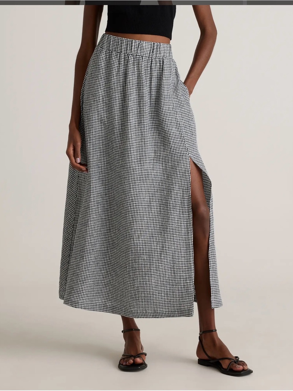 Quince 100% European Linen Maxi Skirt - Black & White Gingham - Medium